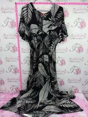 IYLA Black & Ivory Palm-Print Maxi Dress with Flutter Sleeves tropical flowy